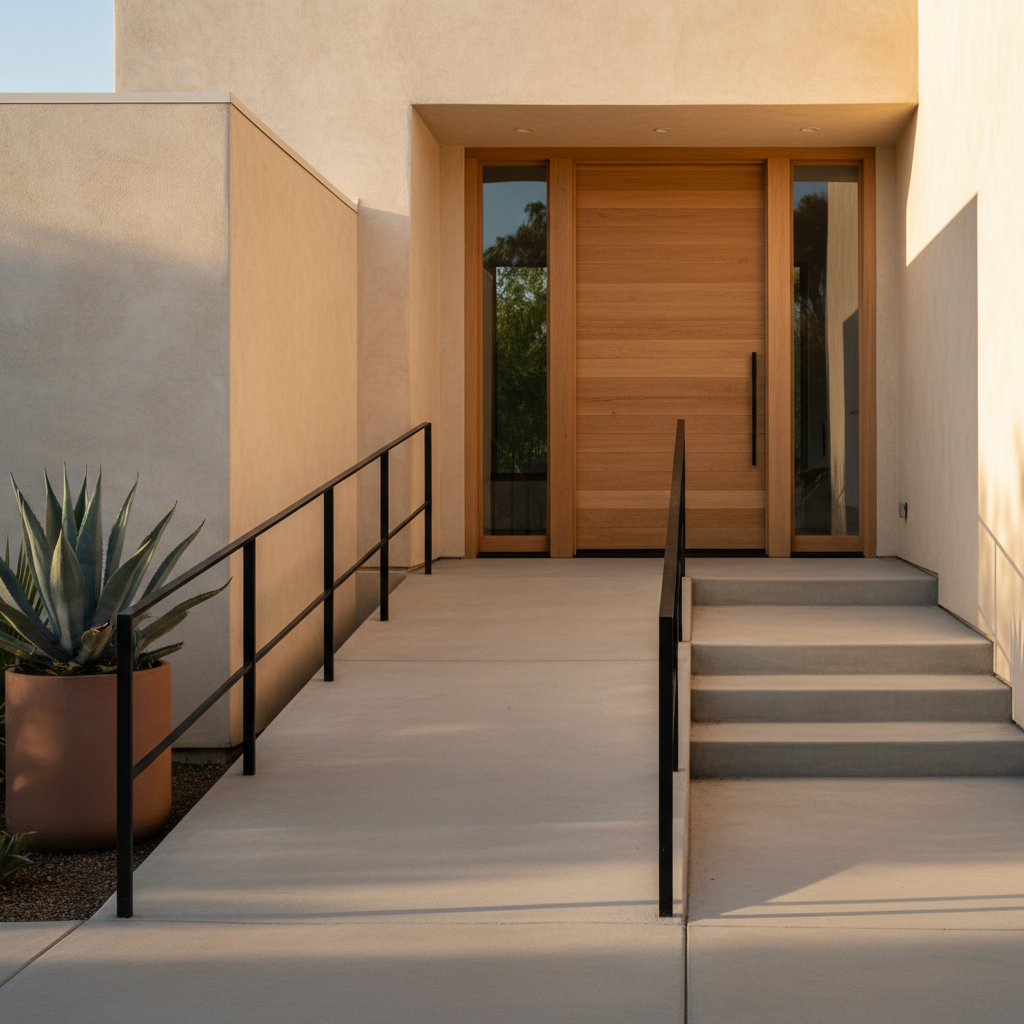 A modern home entrance with both a concrete ramp and stairs leading to a wooden front door in the afternoon sun.