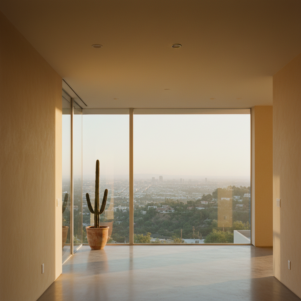 Sunlight streams into a modern Los Angeles home with sand-colored walls and a polished concrete floor.