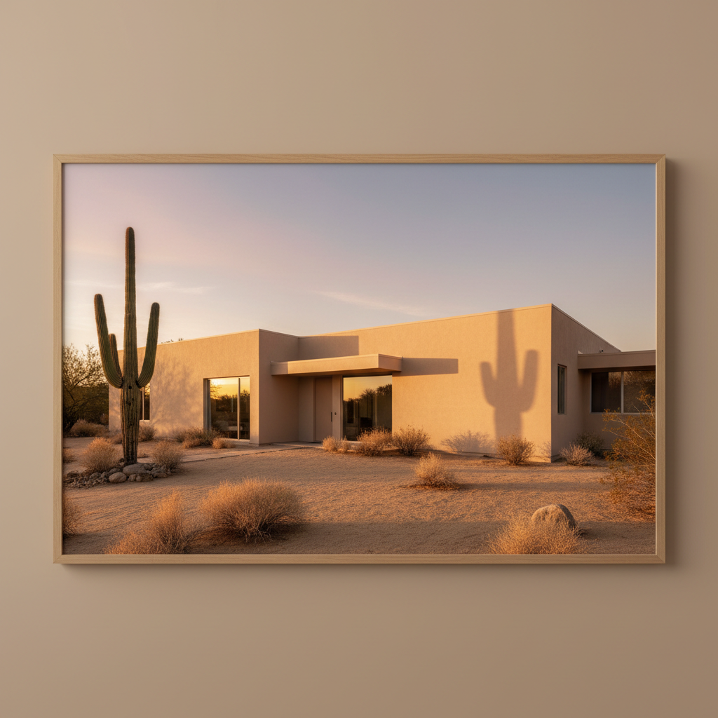 The sand-colored exterior of a modern desert house under the soft glow of the late afternoon sun.