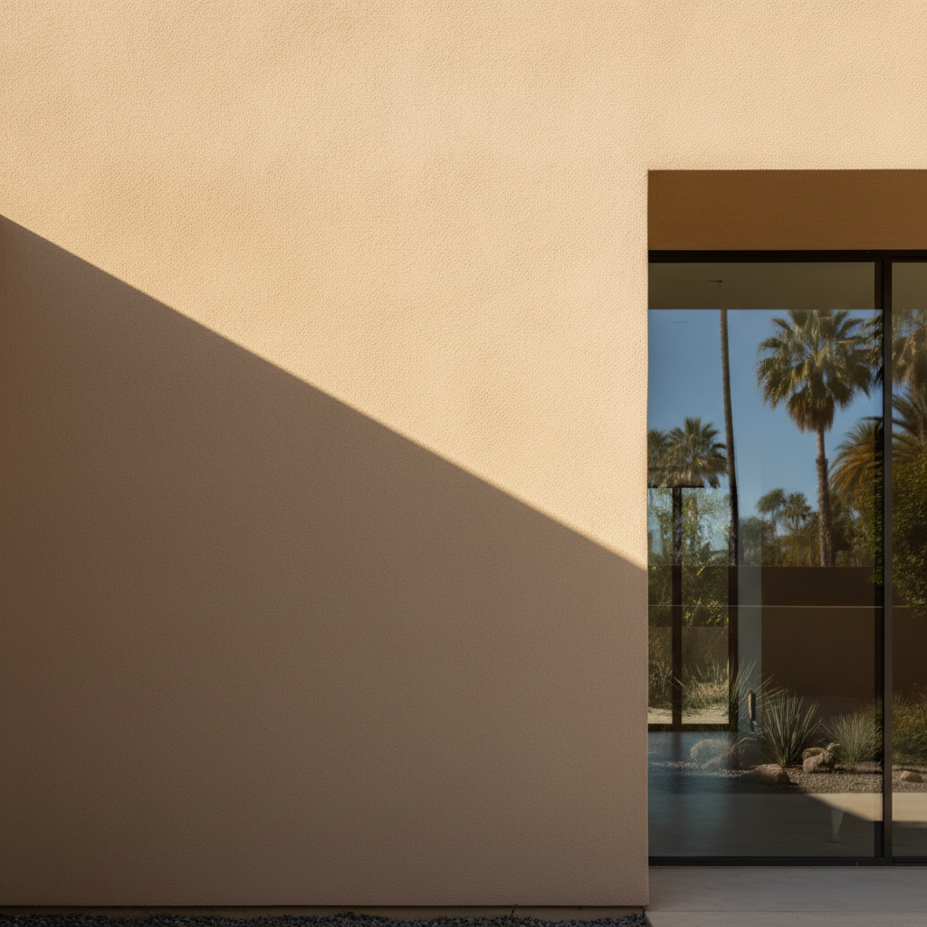 A close-up of a modern home's exterior showing a shadow line on a warm-toned wall under bright sunlight.