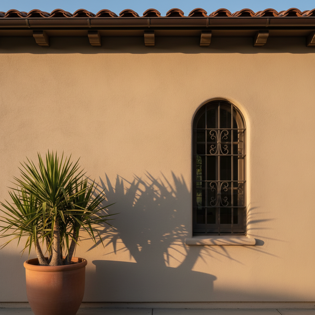 Late afternoon sun on the sand-colored stucco wall of a modern Los Angeles home with a yucca plant.
