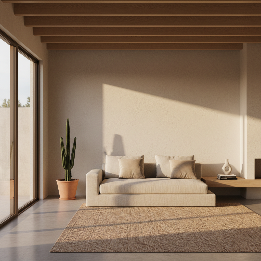 A sunlit living room with a neutral sofa, a large window, and a potted plant.