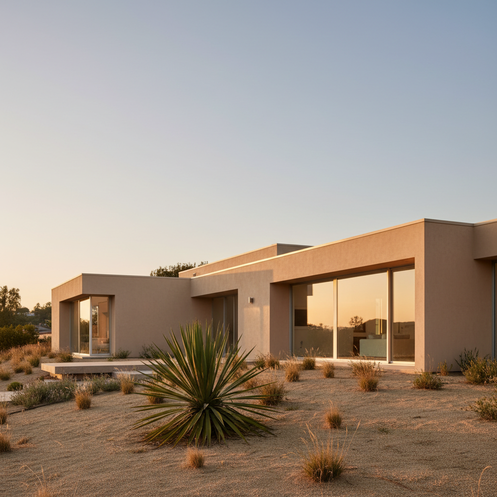 The exterior of a modern home in Los Angeles under the warm afternoon sun.