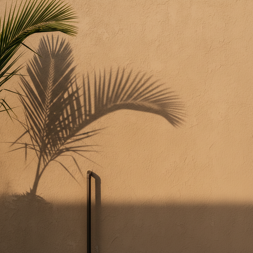 A close-up of a warm, sandy-colored wall under soft sunlight, with a palm frond's shadow.