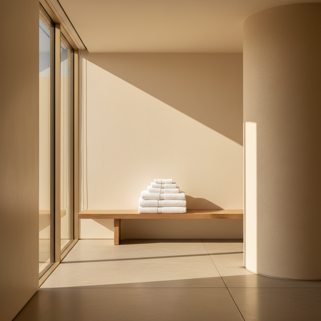 A stack of fresh white towels on a wooden bench inside a sunlit, modern home.