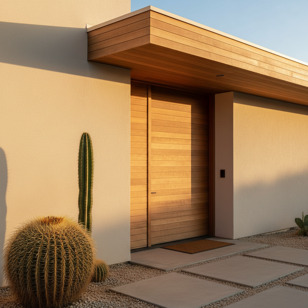 The sunlit entryway of a modern home with a wooden door, white stucco walls, and a tall cactus.