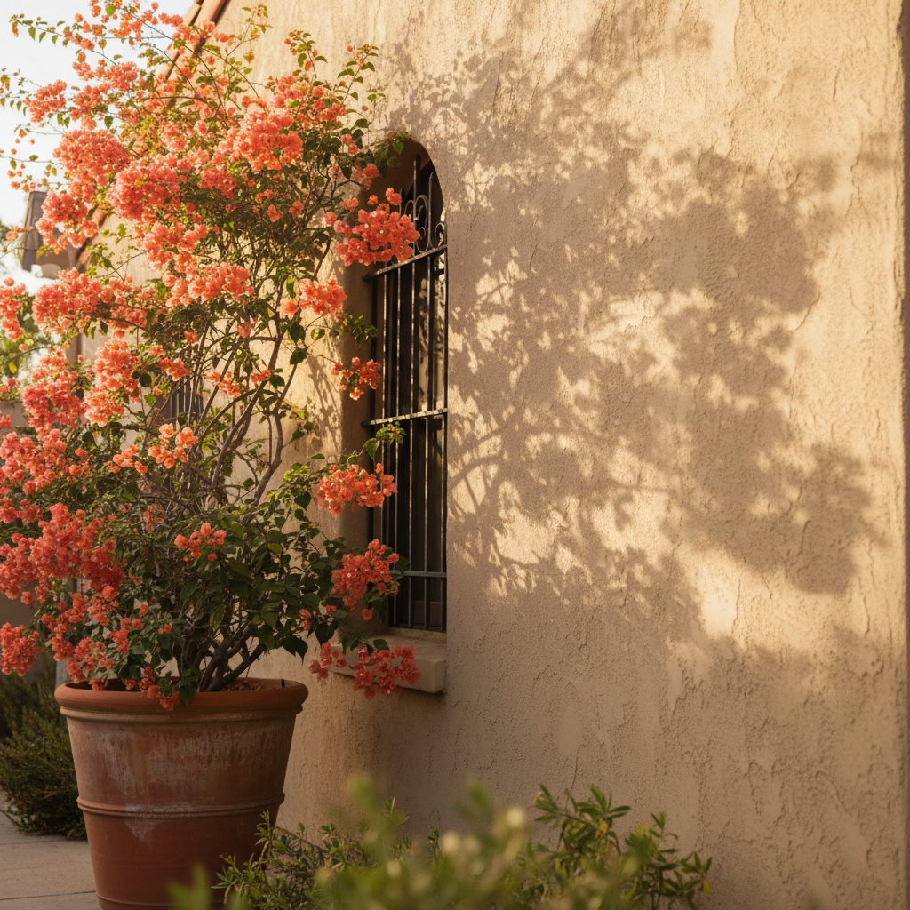 Sunlight on the textured white stucco wall of a Los Angeles home, with a bougainvillea plant in a terracotta pot.