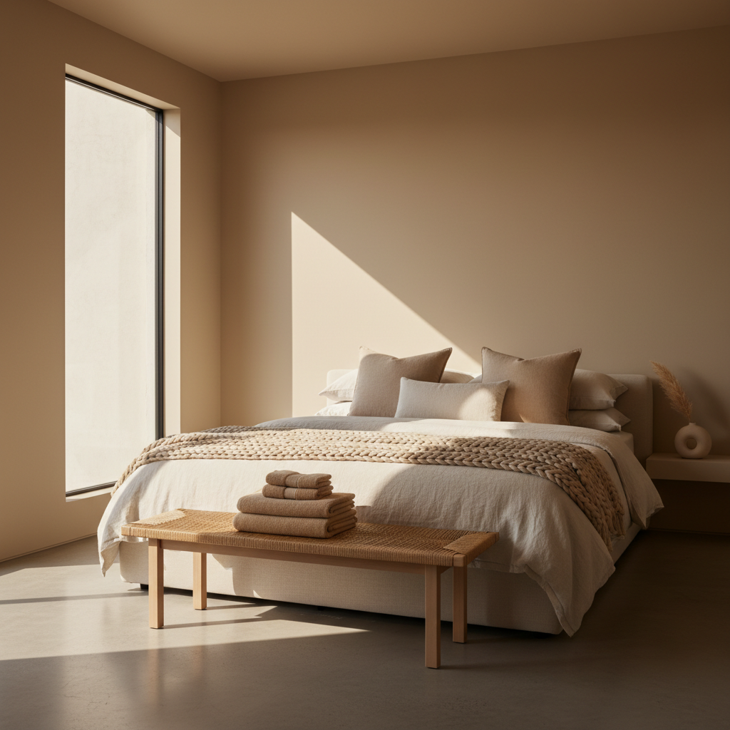 A neatly made bed with white linens and a stack of folded tan towels on a bench in a sunlit bedroom.