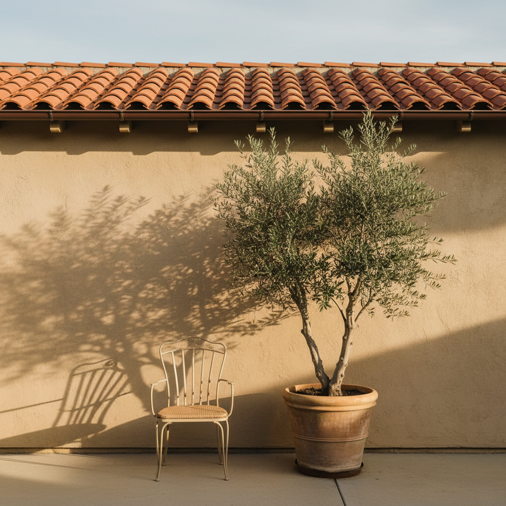 A quiet, sunlit patio at a Los Angeles home with a single chair and potted plant.