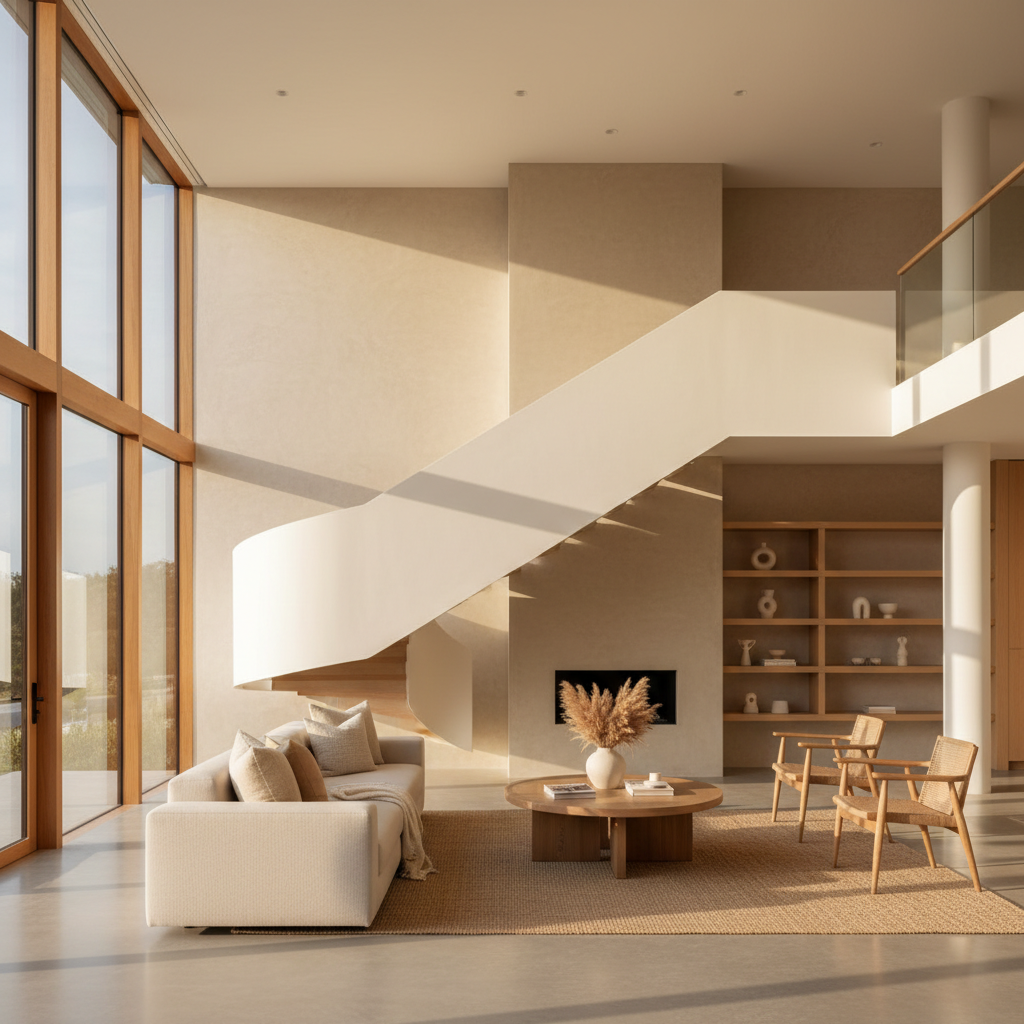 Sunlight streams into a modern Los Angeles living room with minimalist decor and warm, neutral colors.
