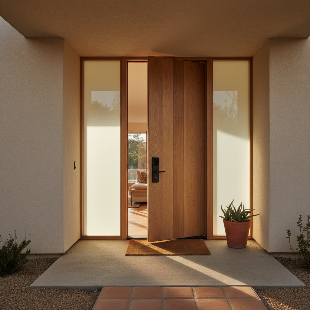 Close-up of a sleek, dark smart lock on a light-colored wooden front door, bathed in warm sunlight.