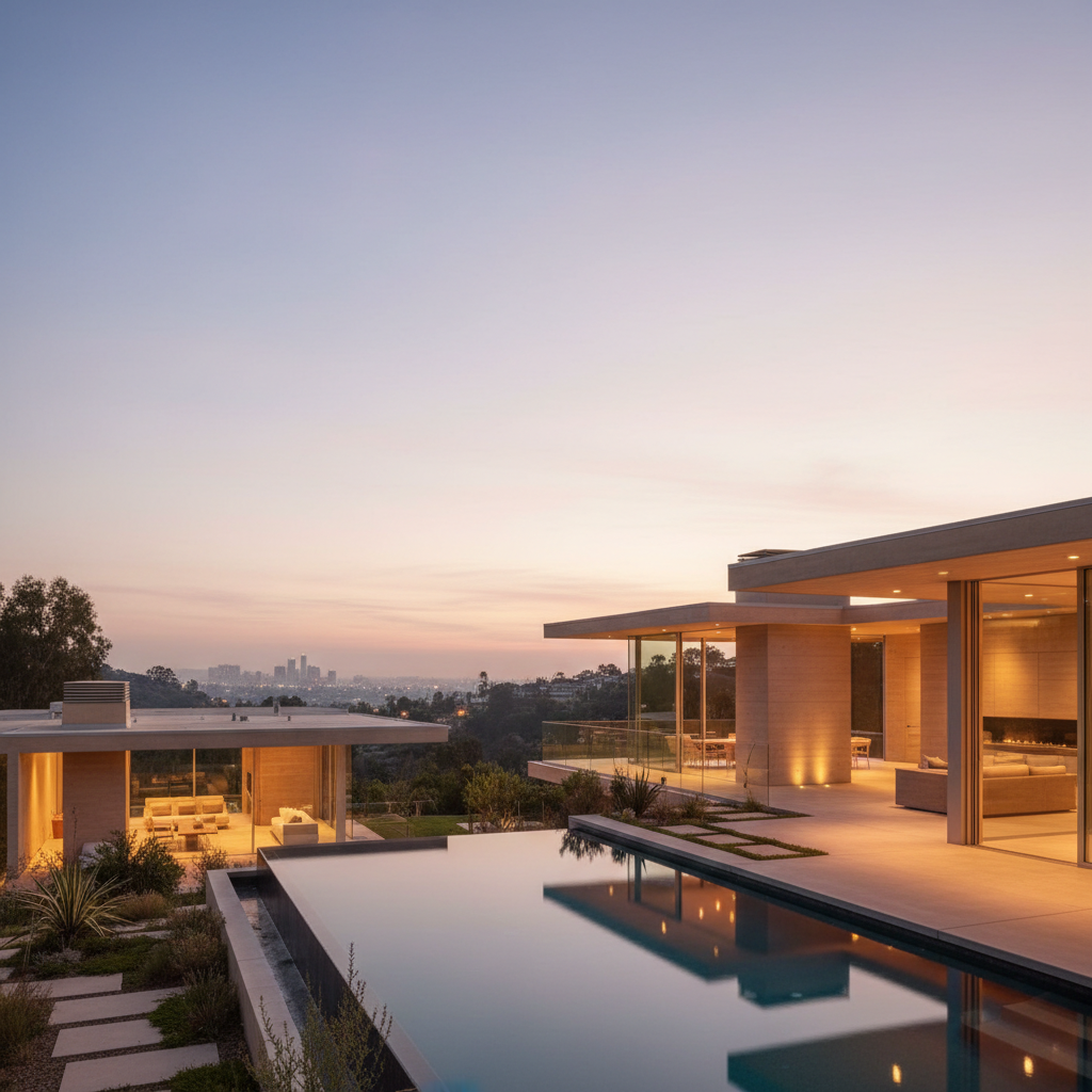 A modern home in the Hollywood Hills at dusk, with an infinity pool reflecting the sky.