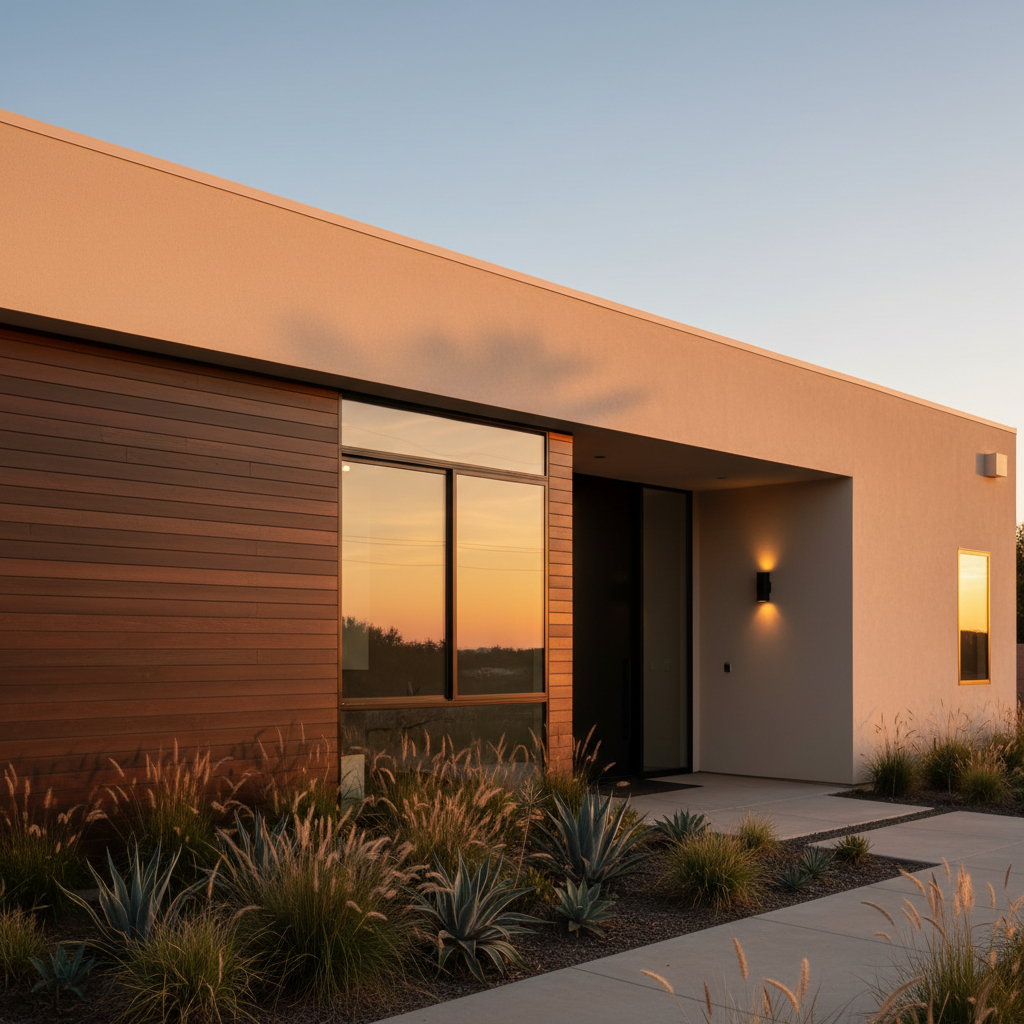Late afternoon sun on the clean architectural lines of a modern home in Los Angeles.