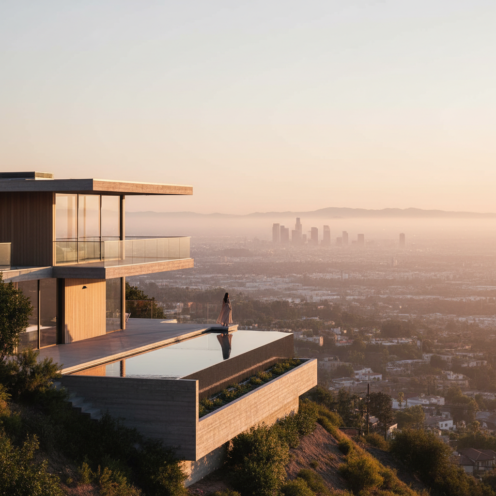 A modern home with large windows in the Hollywood Hills overlooking the city of Los Angeles at sunset.